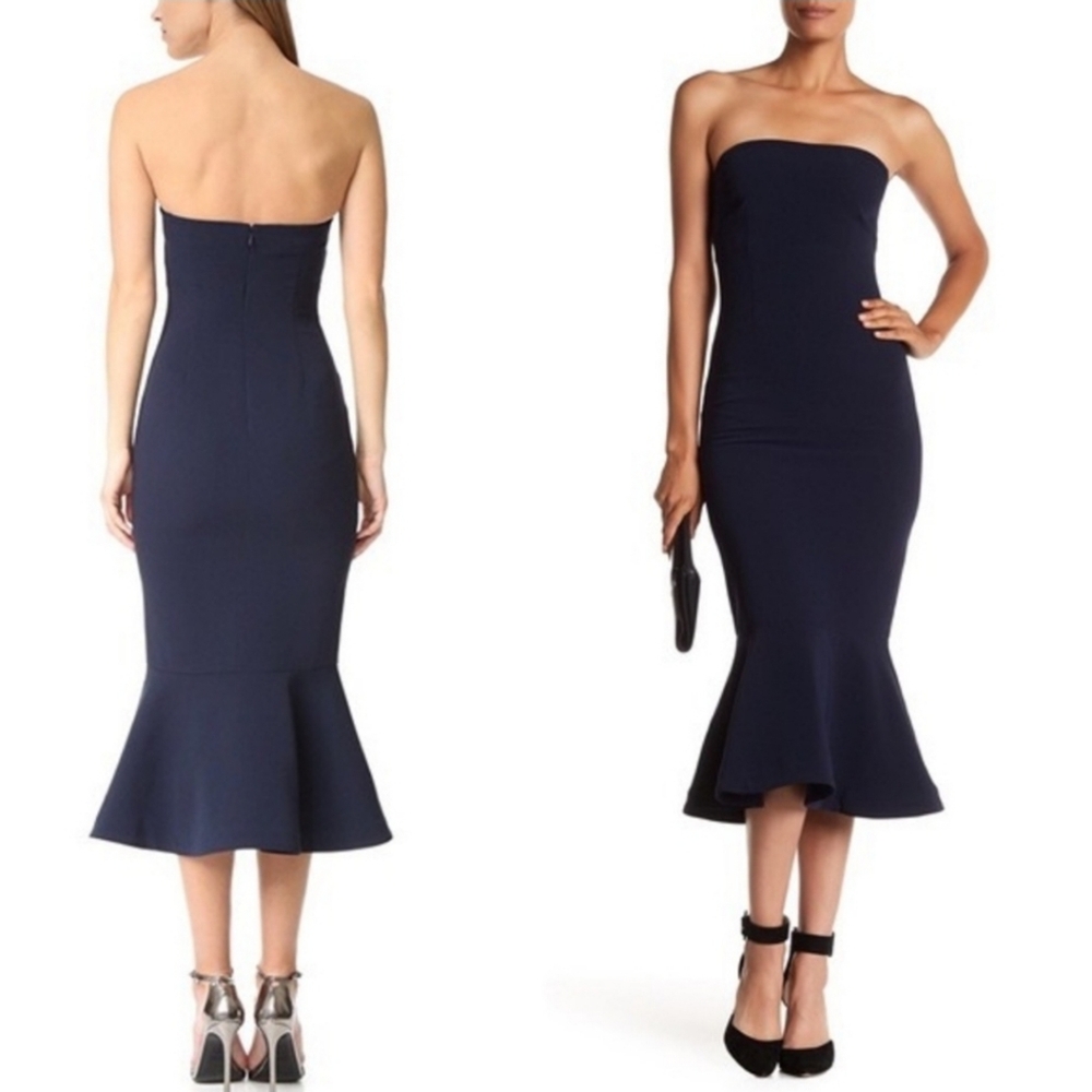 CINQ A SEPT | Dark Blue Strapless Midi Dress in Size US 0